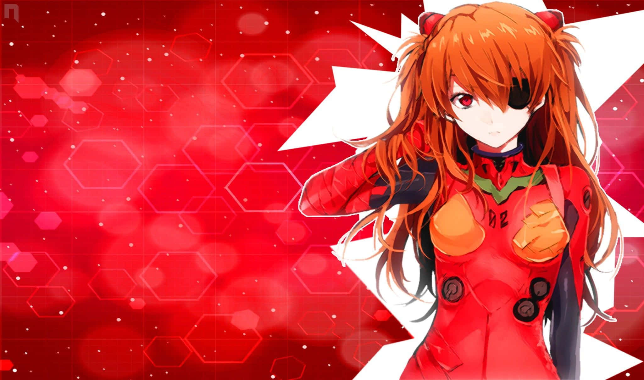 Asuka Langley Soryu 桌布 壁紙 — 動漫女孩，橙色頭髮，紅色眼睛，穿著紅色未來風格套裝，站在發光的六邊形紅色背景前。