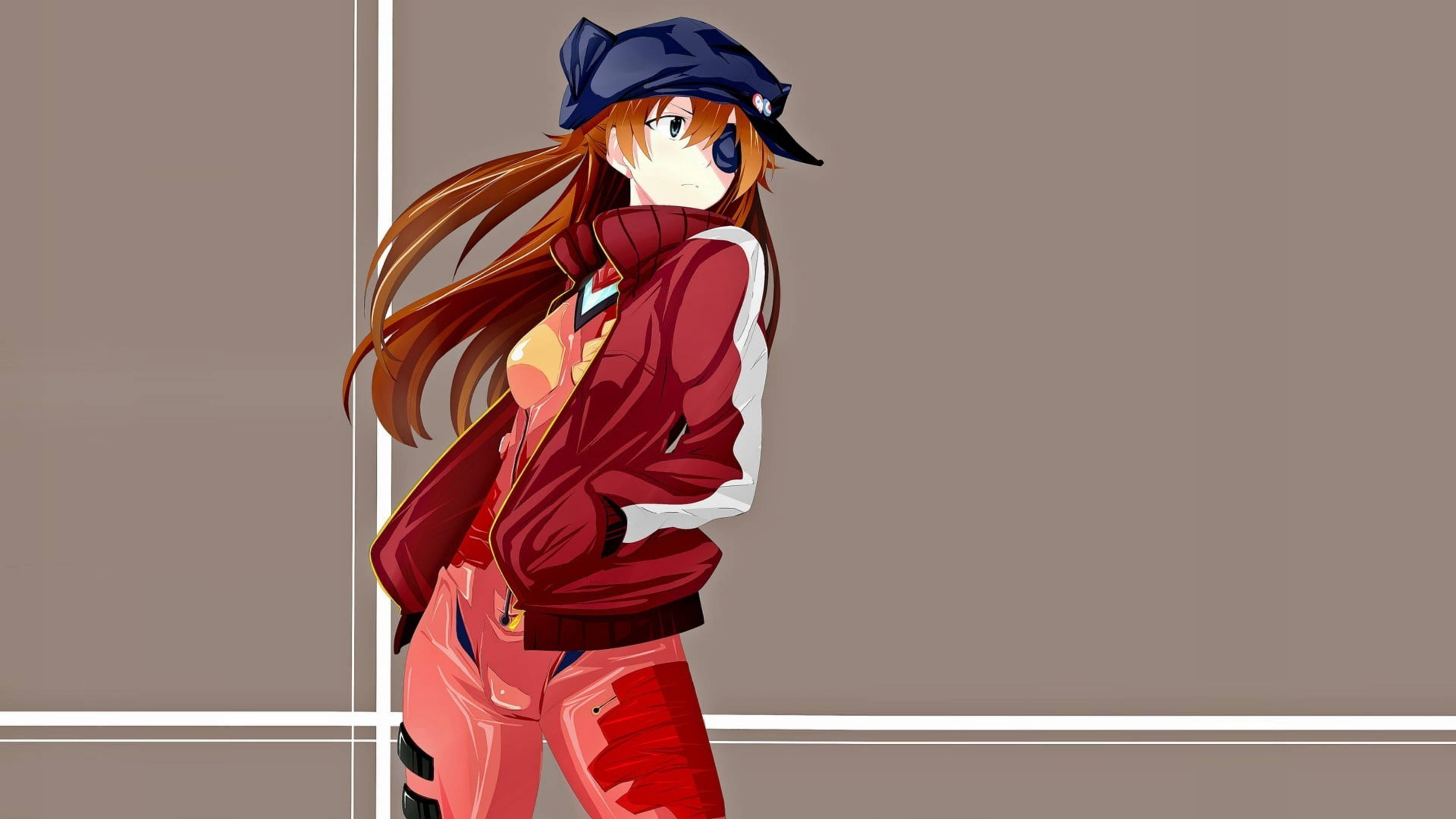 動漫女孩 桌布 壁紙 — 動漫女孩，橙色頭髮，藍色帽子，穿著紅色外套，靠著簡約灰色牆壁。