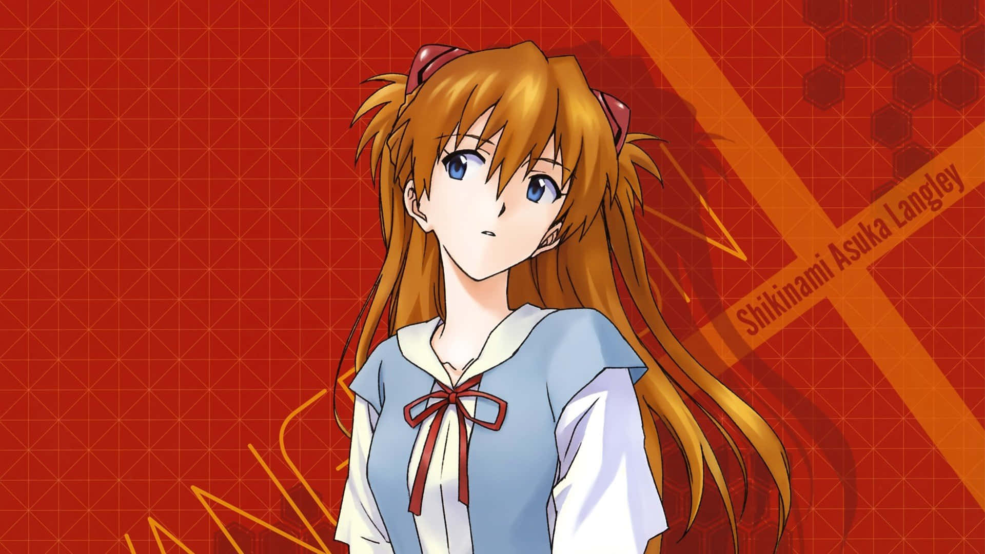 Asuka Langley Soryu 桌布 壁紙 — 動漫女孩，橙色頭髮，藍色眼睛，穿著藍色水手服，背景為紅色幾何圖案。