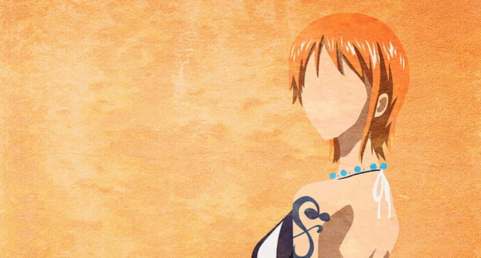 Nami One Piece 桌布 壁紙 — 動漫女孩，橙色頭髮，藍色項鍊，側面輪廓，背景為有紋理的橙色。
