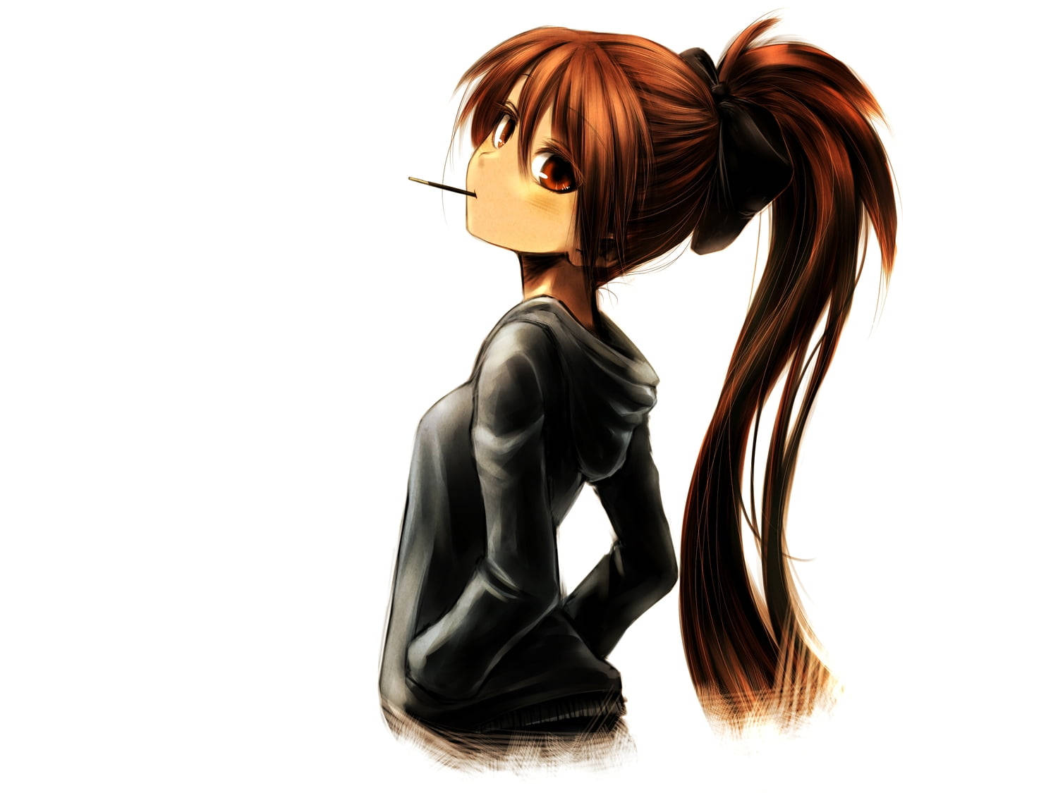 Hoodie 桌布 壁紙 — 動漫女孩，火紅馬尾，黑色連帽衫，手持香煙，仰望純白背景。
