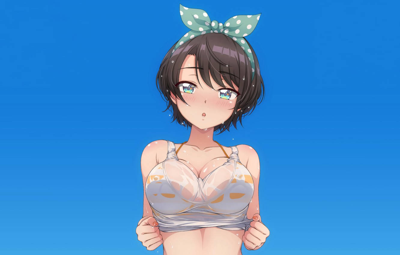 動漫女孩 桌布 壁紙 — 動漫女孩，短黑髮，綠眼睛，穿著濕透的透明比基尼上衣，背景為純藍色。