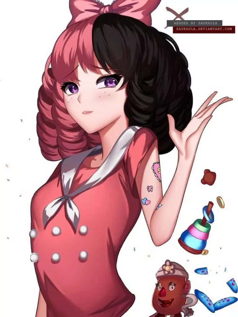 Melanie Martinez Aesthetic 桌布 壁紙 — 動漫女孩，粉紅和黑色頭髮，穿著紅色水手裙，玩具在她周圍漂浮。