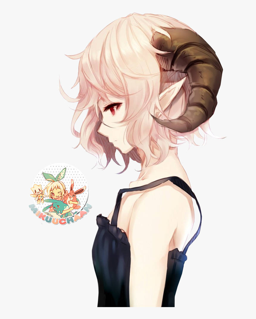 動漫女孩 桌布 壁紙 — 動漫女孩，粉紅色頭髮，公羊角，側面，穿著黑色上衣，背景純色。