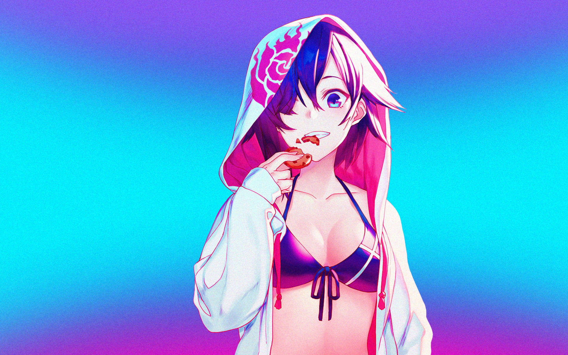 Sexy Anime 桌布 壁紙 — 動漫女孩，粉紅色頭髮，穿著連帽衫，在充滿活力的藍色和紫色漸變背景下吃零食。