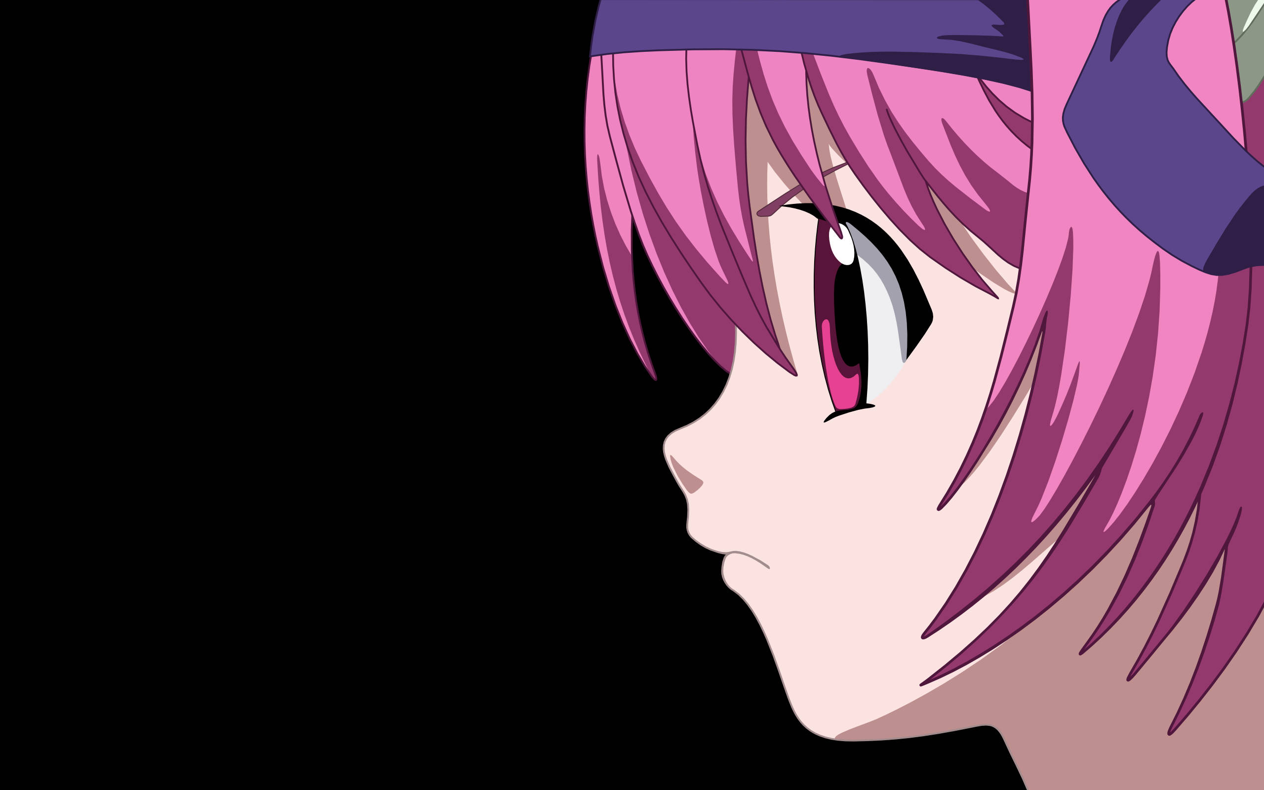 Elfen Lied 桌布 壁紙 — 動漫女孩，粉紅色頭髮，紫色頭帶，側面輪廓，黑色背景。