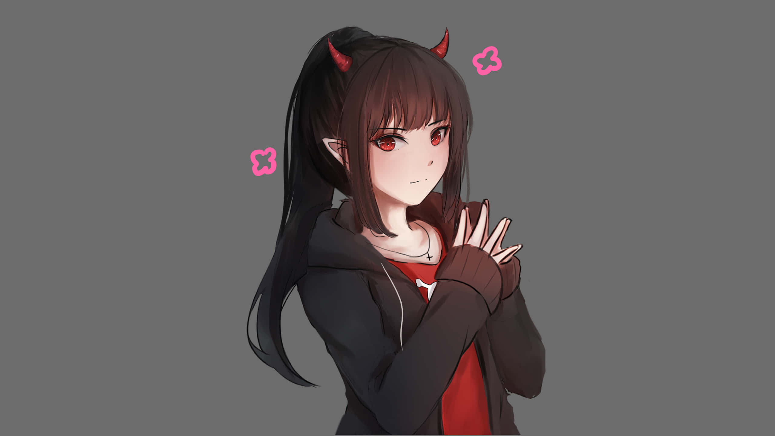 Red And Black Anime 桌布 壁紙 — 動漫女孩，紅眼睛，小角，粉紅色花朵點綴，穿著連帽衫站在灰色背景前。