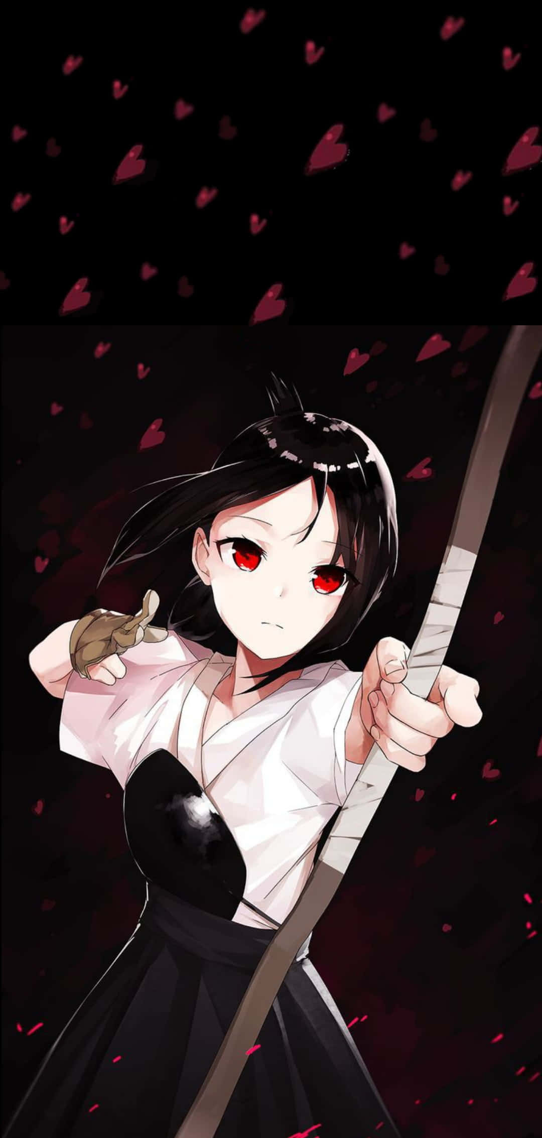 Kaguya Sama Love Is War 桌布 壁紙 — 動漫女孩，紅眼睛，黑頭髮，在黑暗背景下手持劍，粉紅色的心形飄落。
