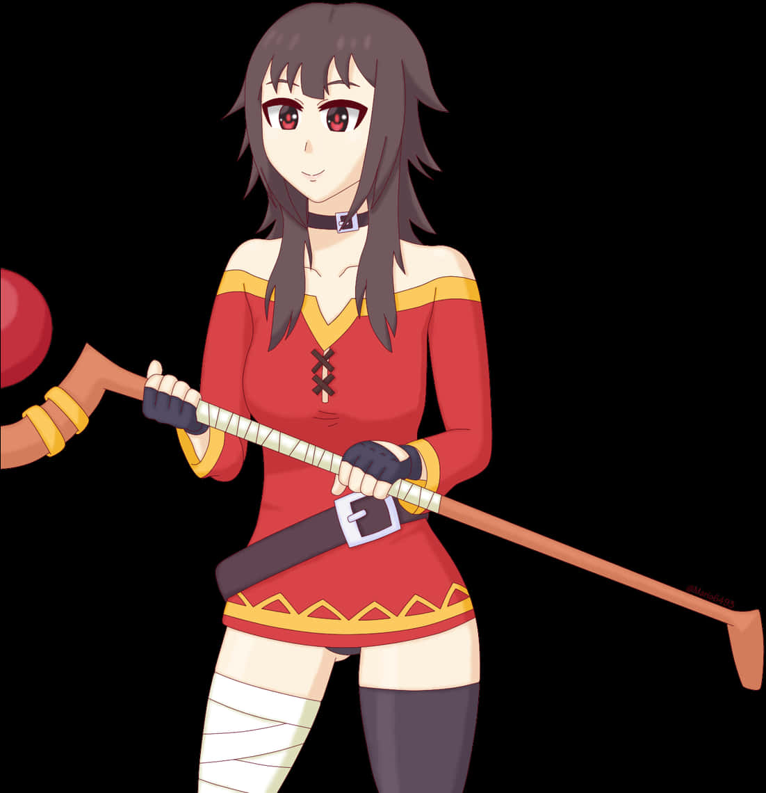 Megumin 桌布 壁紙 — 動漫女孩，紅眼睛，黑頭髮，身穿紅金服飾，在黑色背景前揮舞大錘。