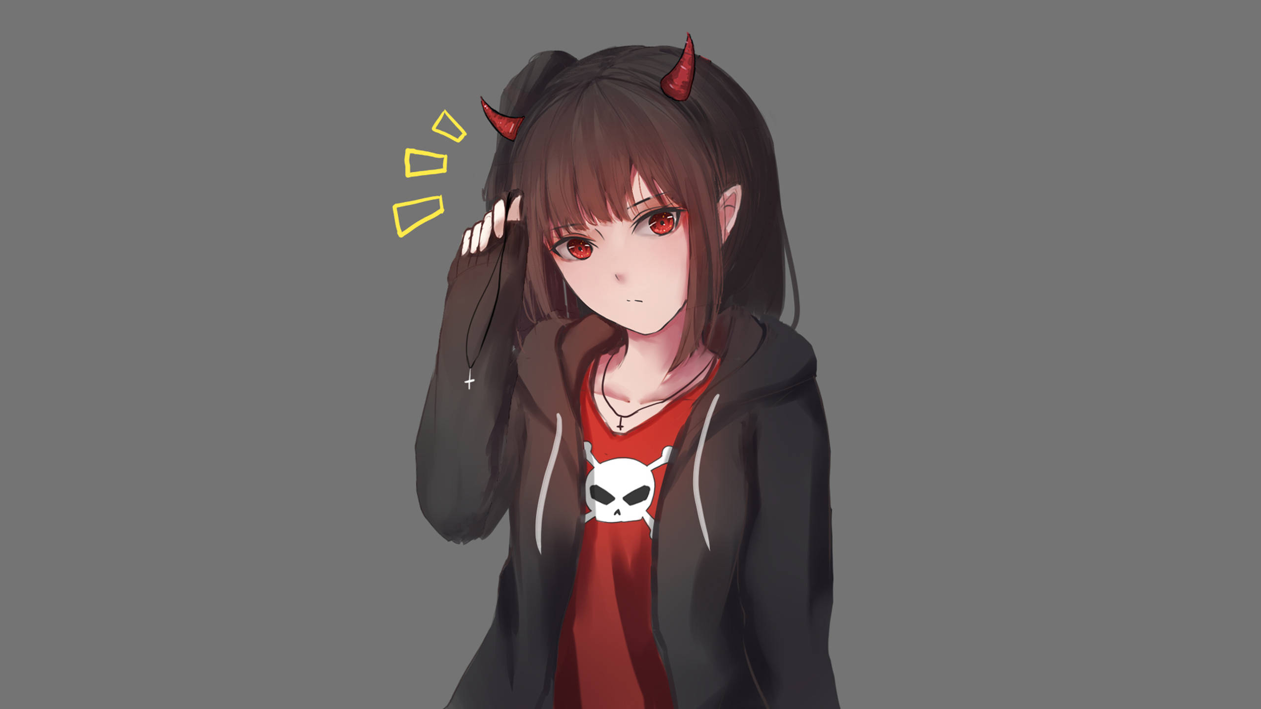 Tomboy Anime Girl 桌布 壁紙 — 動漫女孩，紅色角和眼睛，穿著骷髏頭連帽衫，在純灰色背景前顯得很驚訝。