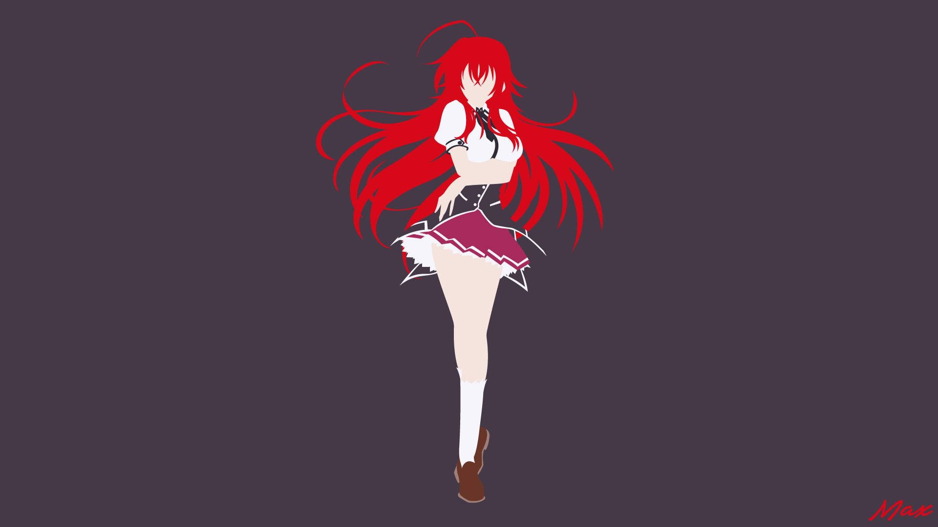 High School Dxd 桌布 壁紙 — 動漫女孩，紅色長髮飄逸，身穿白色和紫色校服，背景為深灰色。