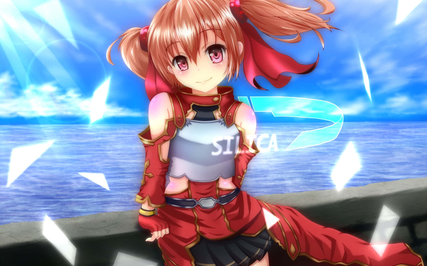 Sword Art Online Silica 桌布 壁紙 — 動漫女孩，紅色雙馬尾，身穿盔甲，在明亮的藍天下微笑於海邊，帶有發光效果。