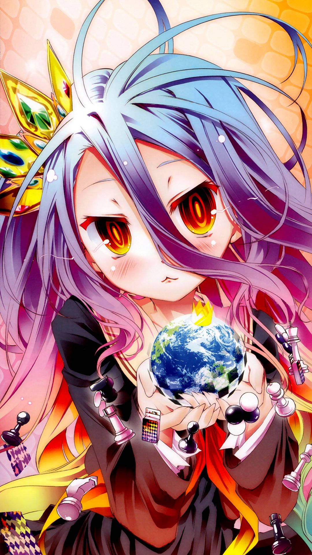 game 桌布 壁紙 — 動漫女孩，藍紫色頭髮，火熱的眼睛，在光芒四射的漸變背景前，手持一個被國際象棋棋子包圍的地球儀。