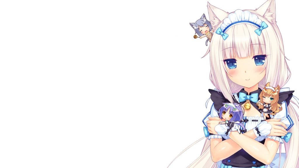 Nekopara 桌布 壁紙 — 動漫女孩，貓耳藍眼，身穿女僕裝，抱著兩個小chibi角色，背景為純白色。