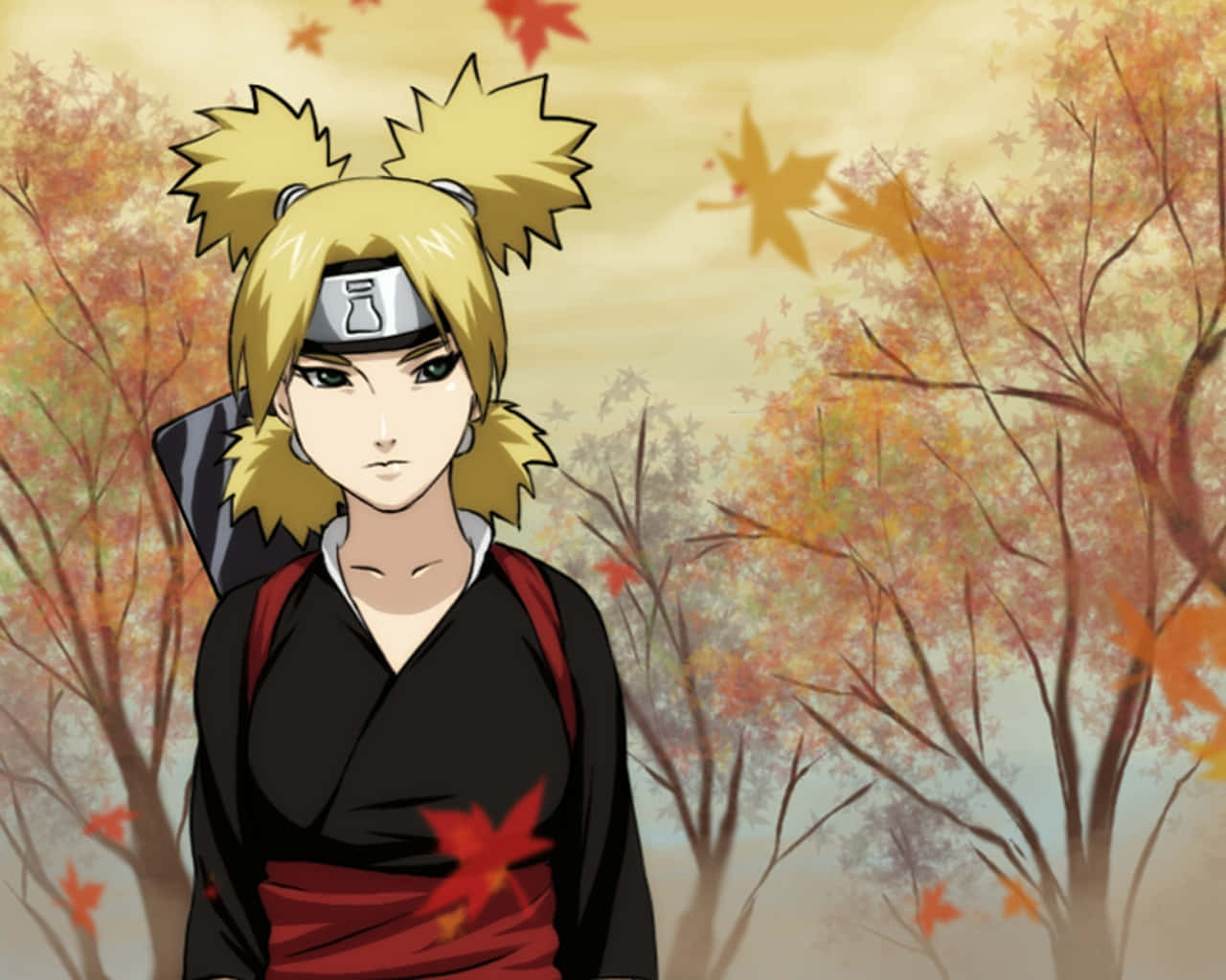 Temari 桌布 壁紙 — 動漫女孩，金色尖刺頭髮，戴頭帶，站在秋天的森林裡，楓葉飄落。