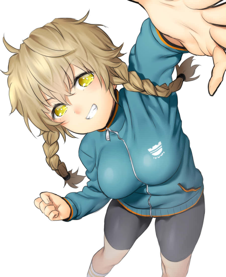 Suzuha Amane 桌布 壁紙 — 動漫女孩，金色辮子，發光的黃色眼睛，穿著青綠色連帽衫，在白色背景前頑皮地伸展。