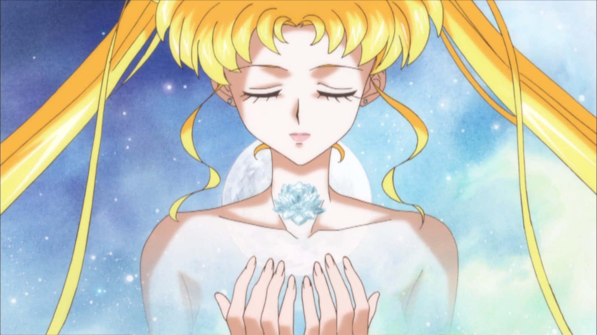 sailor moon crystal 桌布 壁紙 — 動漫女孩，金色辮子，閉著眼睛，在星空背景下將發光水晶捧在胸前。