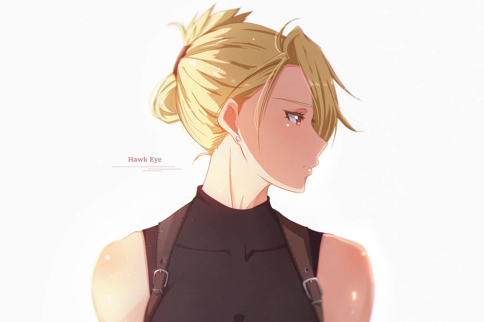 Riza Hawkeye 桌布 壁紙 — 動漫女孩，金髮盤成髮髻，臉頰上有一滴淚，穿著黑色吊帶上衣，背景是柔和的白色。