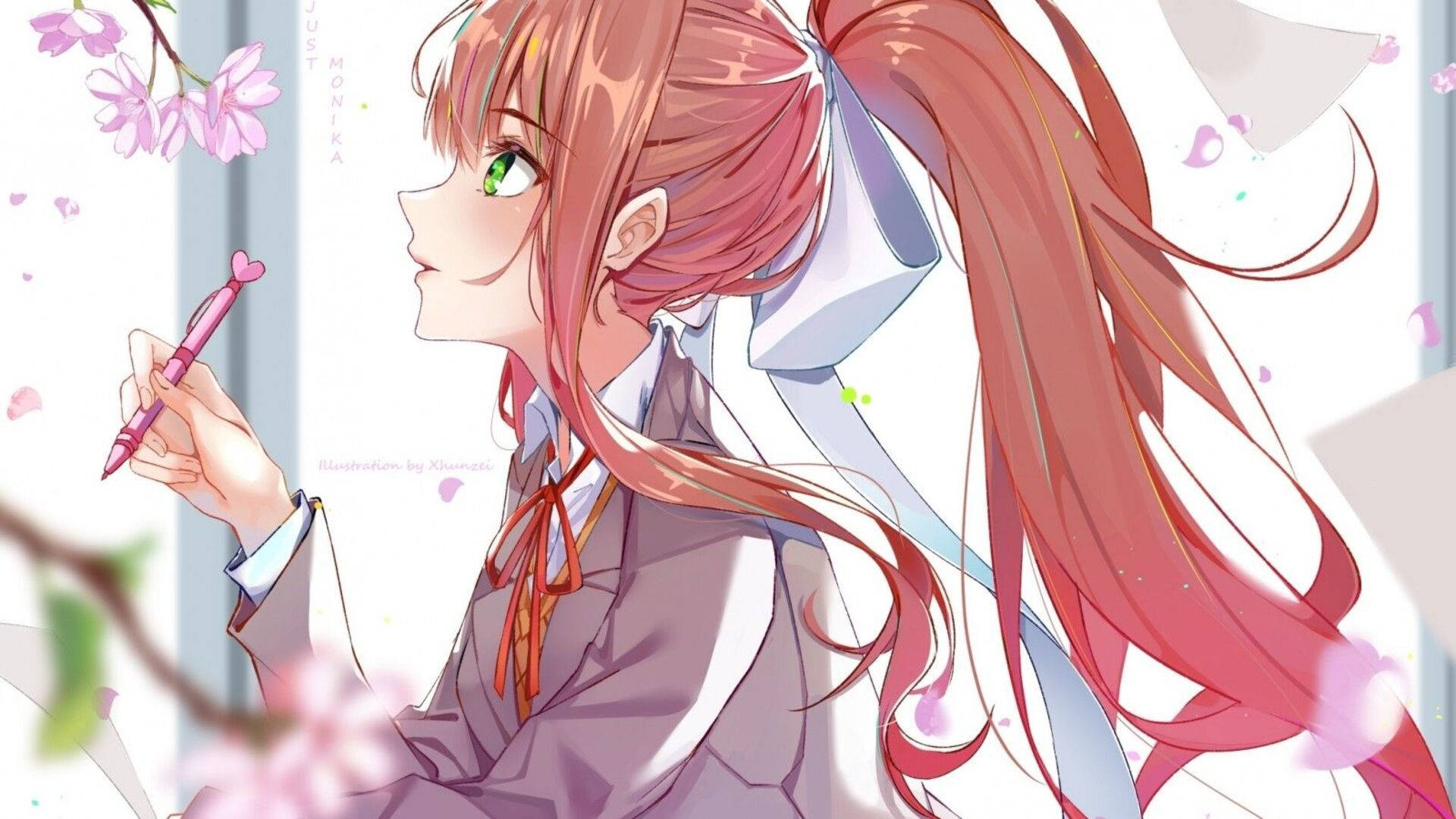 literature 桌布 壁紙 — 動漫女孩，長粉紅色頭髮，綠色眼睛，手持粉紅色筆，櫻花在柔和光線中飄落。