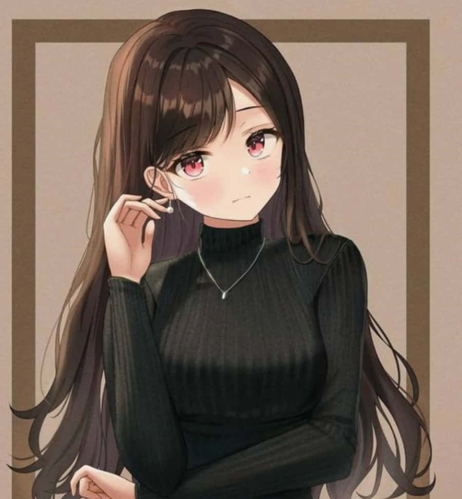 動漫頭像 桌布 壁紙 — 動漫女孩，長長棕色頭髮，紅色眼睛，穿著黑色高領毛衣和銀色項鍊，觸摸耳朵。