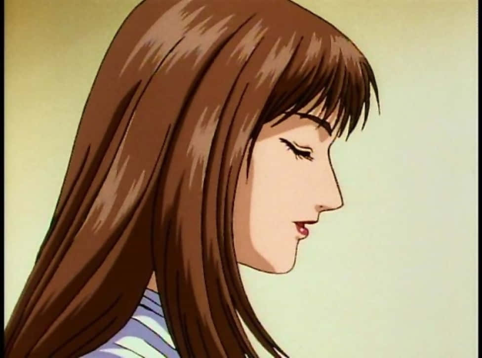Lady Une 桌布 壁紙 — 動漫女孩，長長棕色頭髮，閉著眼睛，柔和側面輪廓，背景蒼白。