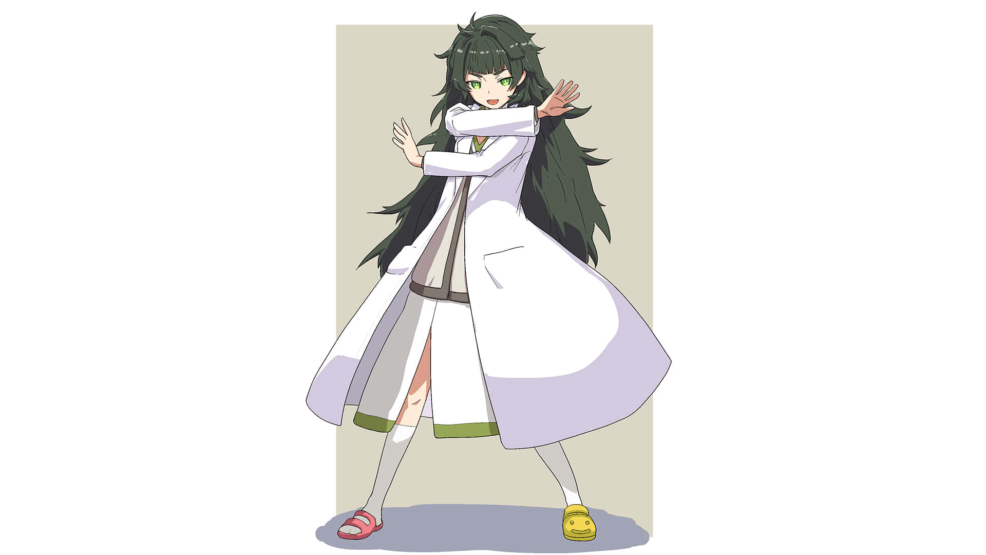 Maho Hiyajo 桌布 壁紙 — 動漫女孩，長長深綠色頭髮和綠色眼睛，穿著白色實驗室外套，在純米色背景前擺出俏皮姿勢。