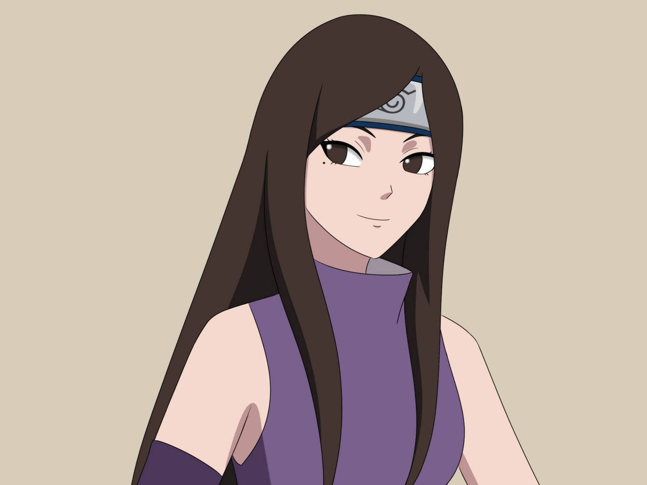 izumi uchiha 桌布 壁紙 — 動漫女孩，長長的棕色頭髮，紫色上衣，戴著頭帶，背景是米色。