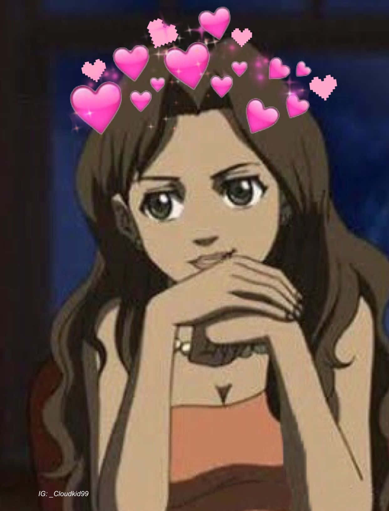 Cute Aesthetic Profile 桌布 壁紙 — 動漫女孩，長長的棕色頭髮，閃閃發光的粉紅色心形在她頭頂漂浮，背景是深藍色。