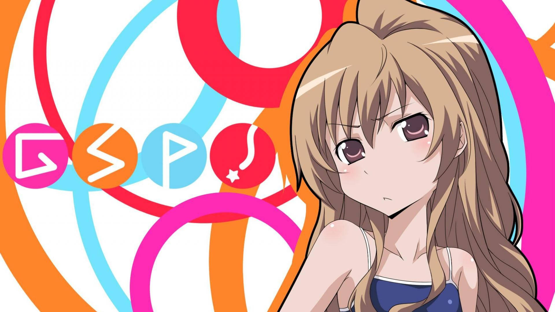 Toradora 桌布 壁紙 — 動漫女孩，長長的棕色頭髮和紫色眼睛，站在色彩繽紛的旋轉圓圈和風格化字母的鮮豔背景前。