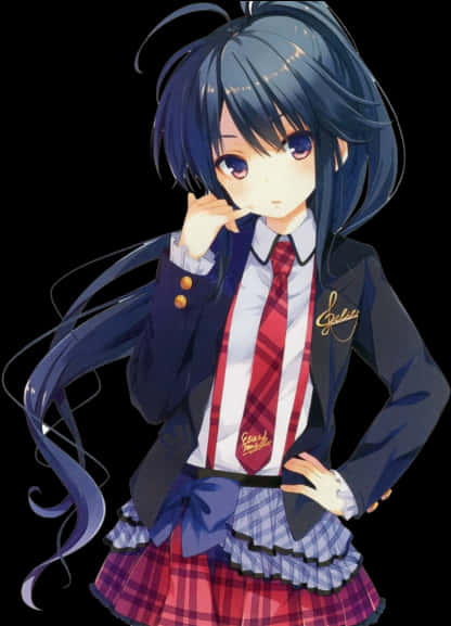 動漫 桌布 壁紙 — 動漫女孩，長長的深藍色頭髮和紫色眼睛，穿著校服，紅色格子裙和領帶，背景是黑色。