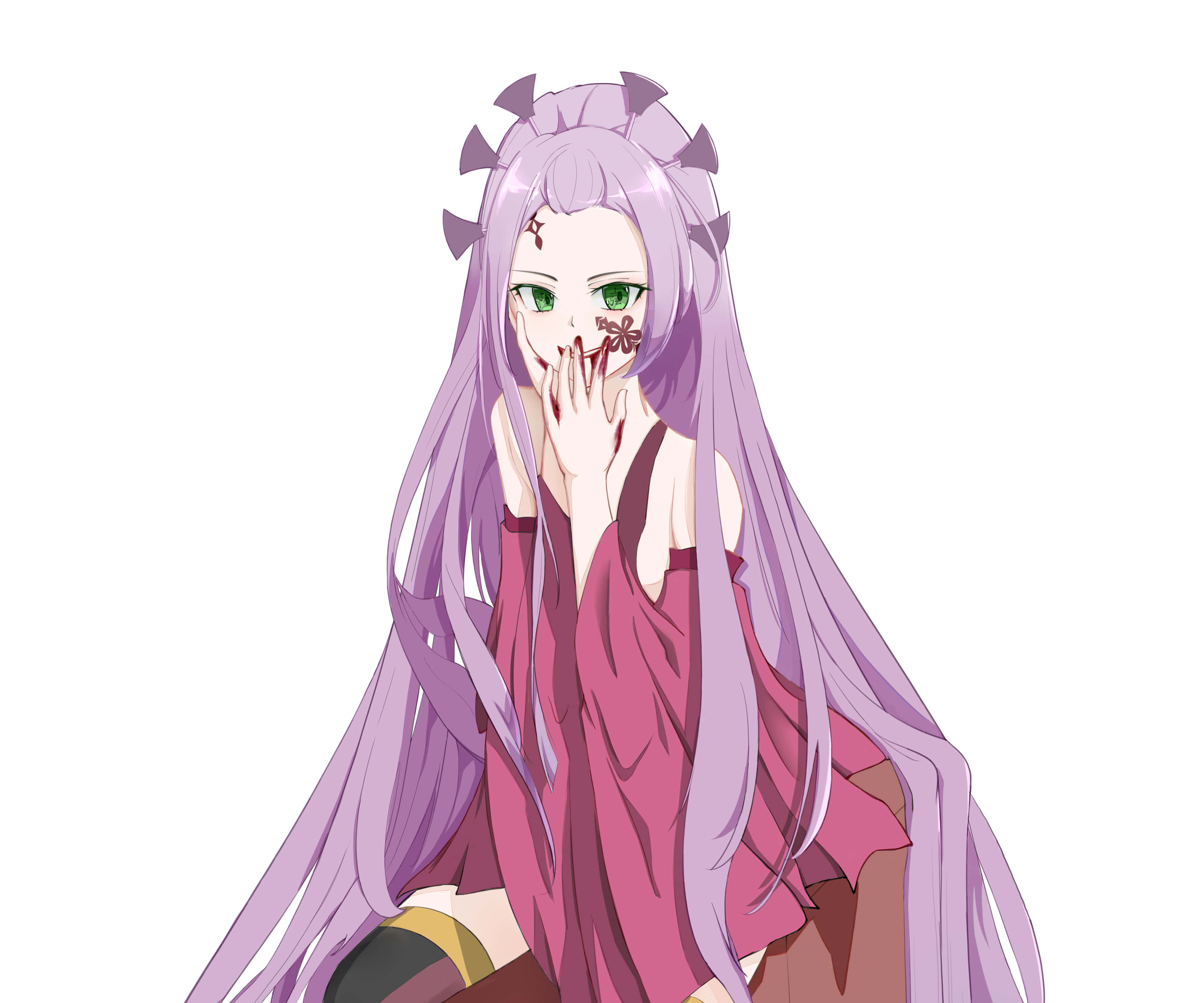 Daki Demon Slayer 桌布 壁紙 — 動漫女孩，長長的紫色頭髮和綠色眼睛，用沾滿血的手遮住嘴巴，背景是白色。
