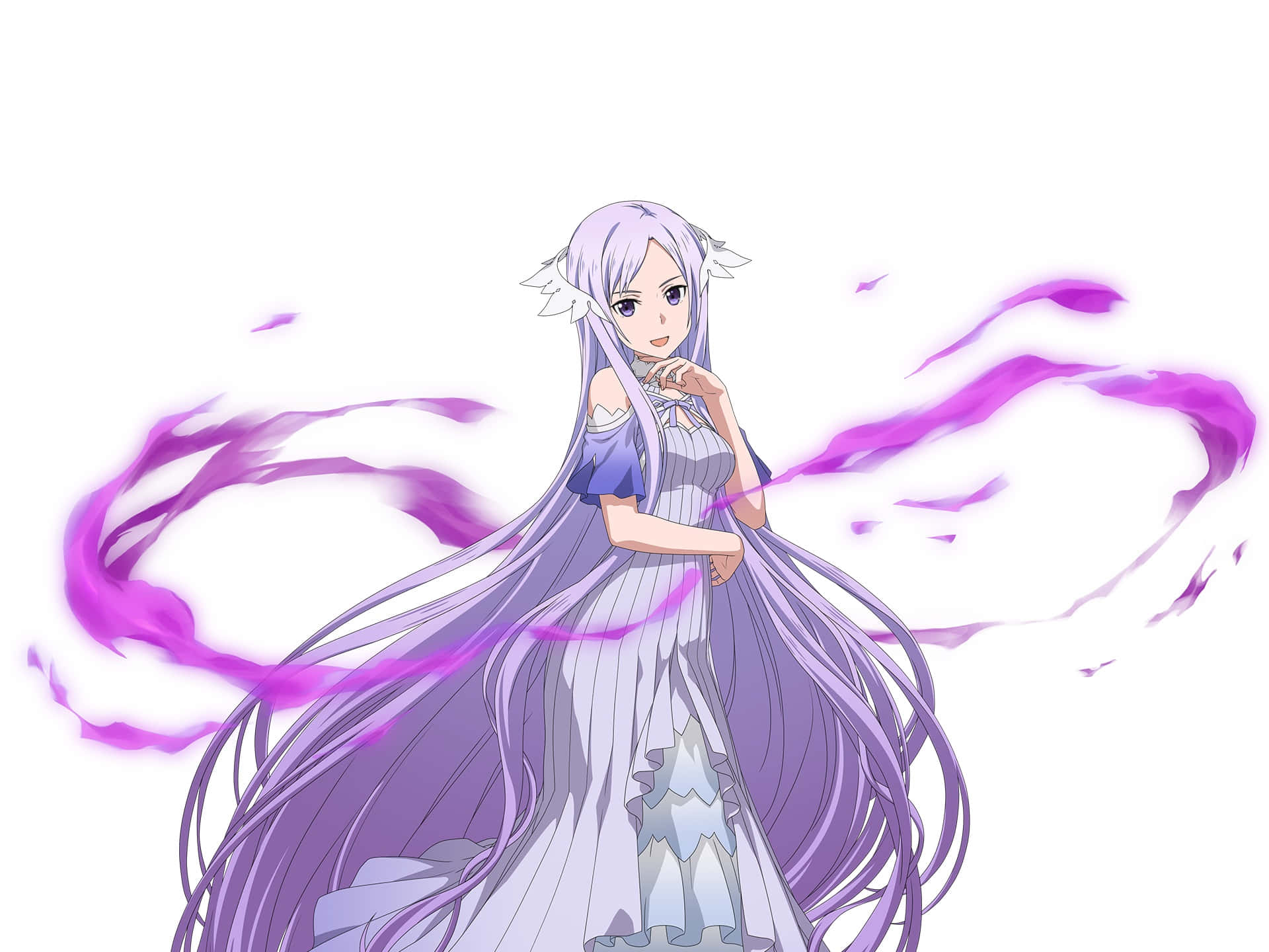 Sword Art Online Quinella 桌布 壁紙 — 動漫女孩，長長的紫色頭髮和飄逸長袍，被旋轉的紫色能量包圍，背景是白色。
