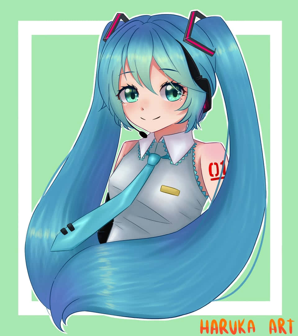 初音未來 桌布 壁紙 — 動漫女孩，長長的藍色雙馬尾，戴著耳機，在薄荷綠背景前溫柔微笑。