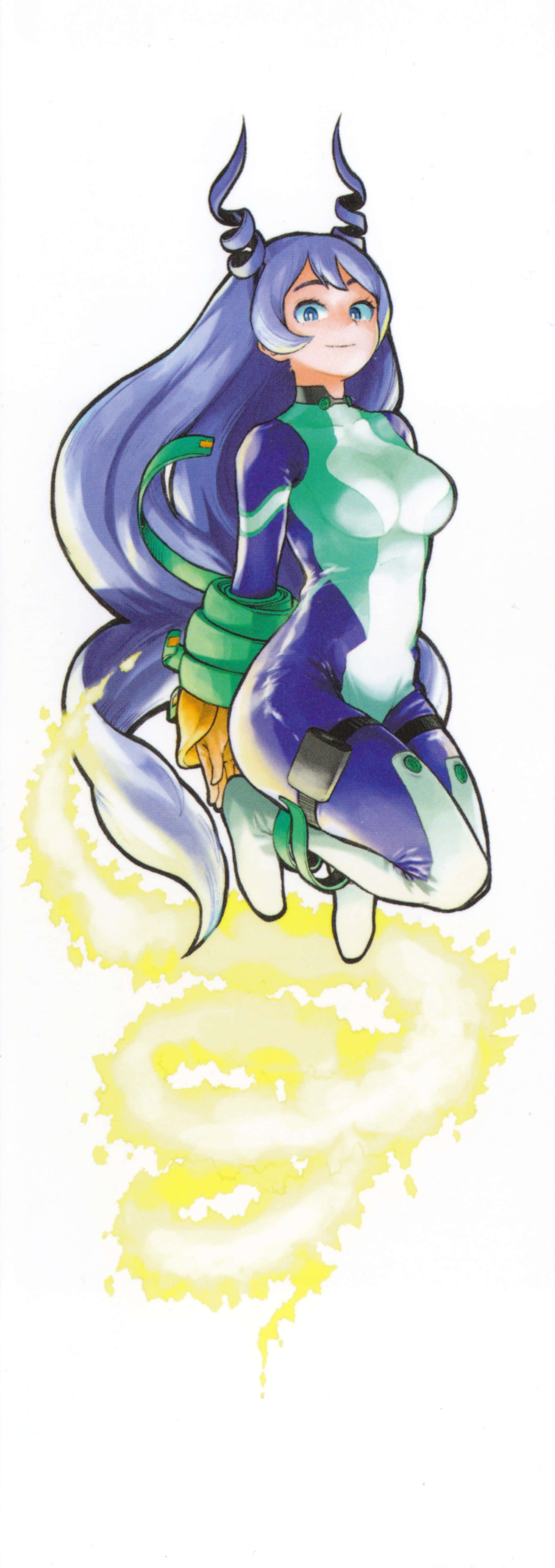 Nejire Hado 桌布 壁紙 — 動漫女孩，長長的藍色頭髮和角，騎著一條發光的黃色能量龍，背景是白色。