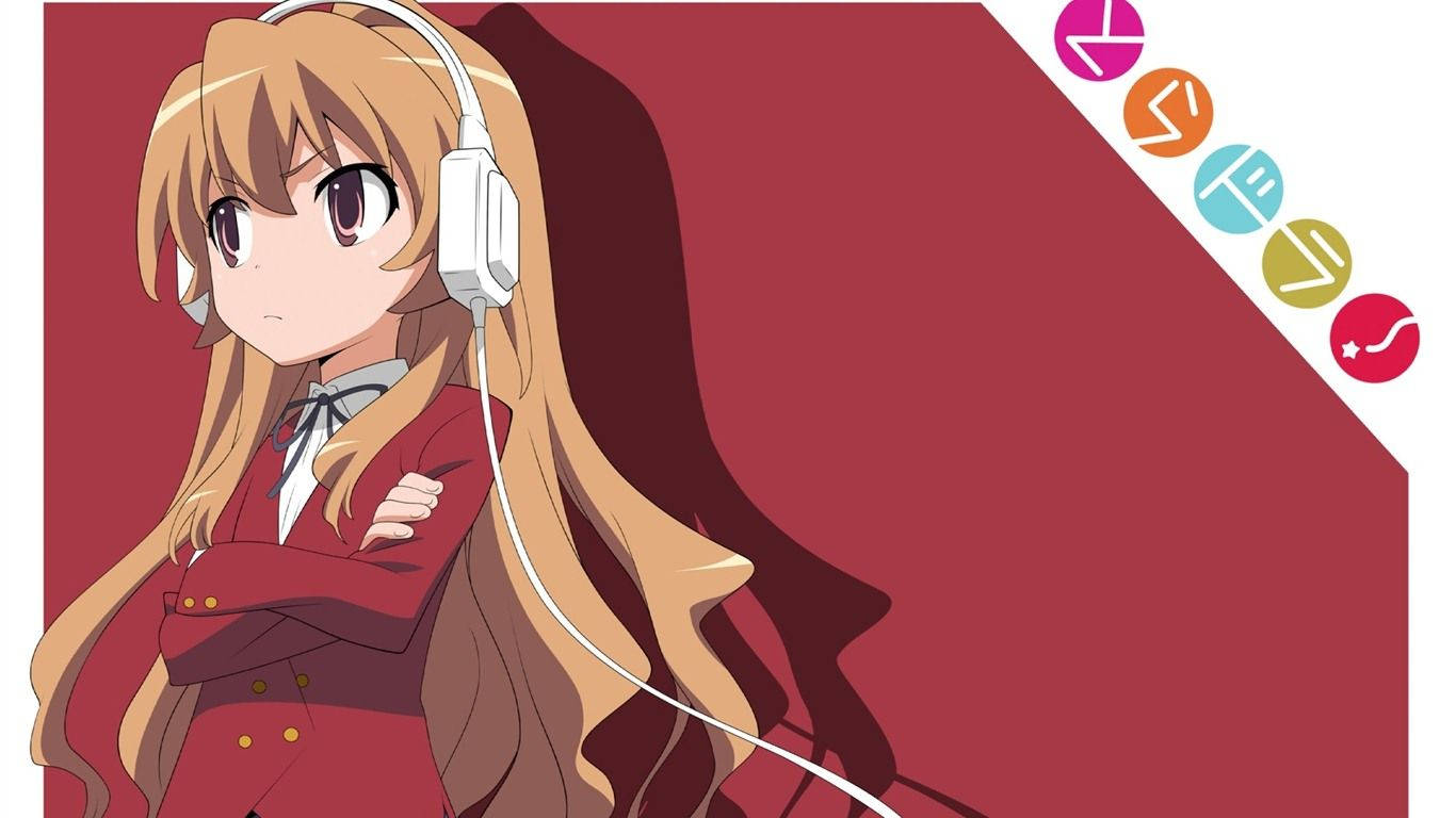 Toradora 桌布 壁紙 — 動漫女孩，長長的金色頭髮，戴著白色耳機，自信地穿著紅色制服，站在深紅色背景前。