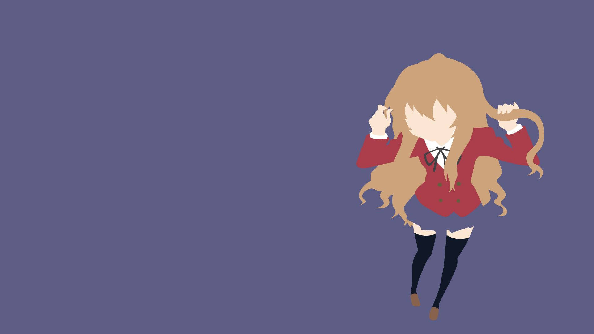 Toradora 桌布 壁紙 — 動漫女孩，長長的金色頭髮，穿著紅色校服，在純紫色背景上頑皮地旋轉。