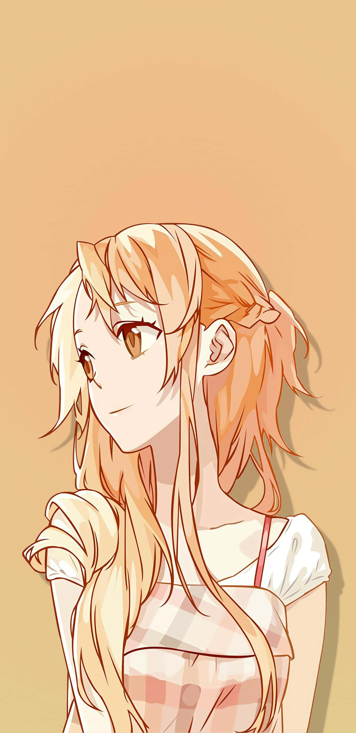 Yuuki Asuna 桌布 壁紙 — 動漫女孩，長長的金髮和溫暖的棕色眼睛，在純色蜜桃背景上溫柔微笑。