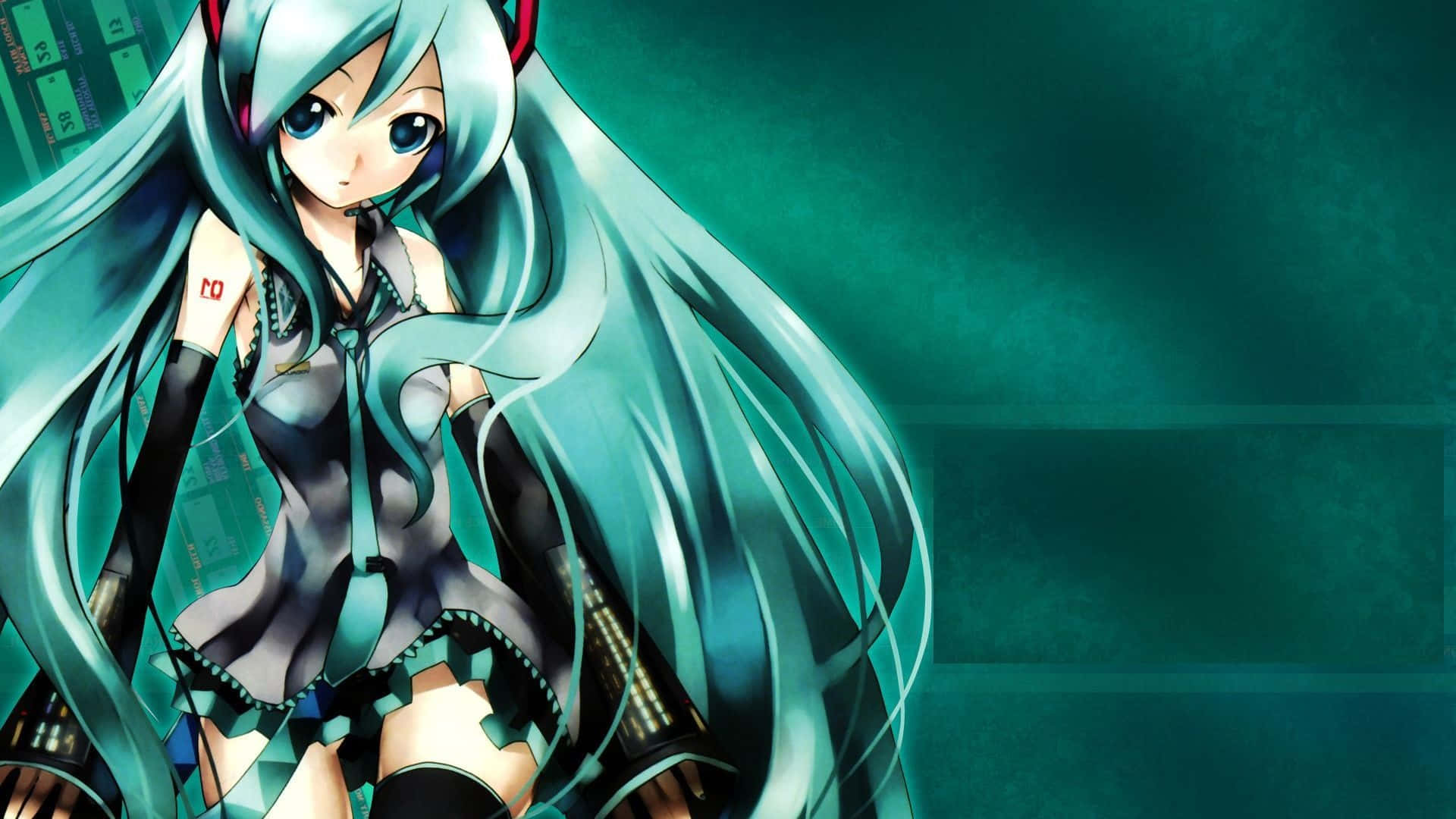 初音未來 桌布 壁紙 — 動漫女孩，長長的青綠色頭髮，藍色眼睛，穿著深青綠色服裝，背景為漸變色。
