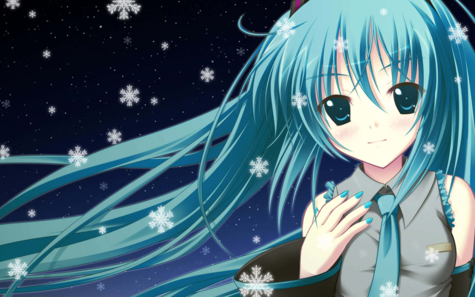 初音未來 桌布 壁紙 — 動漫女孩，長長的青綠色頭髮，雪花在繁星點點的夜空中飄浮。