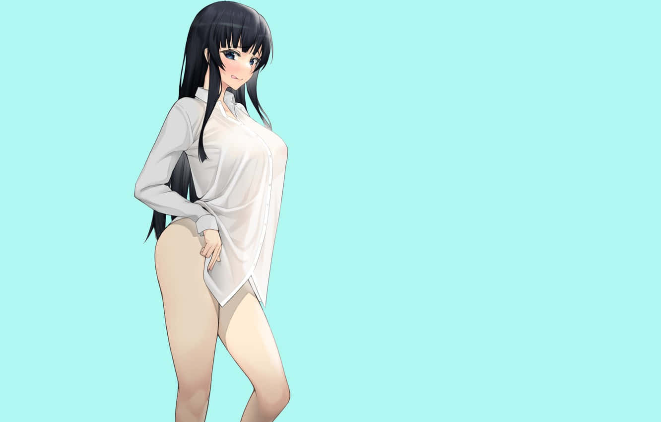 動漫女孩 桌布 壁紙 — 動漫女孩，長長的黑髮，白色襯衫，在純淺藍色背景前擺姿勢。