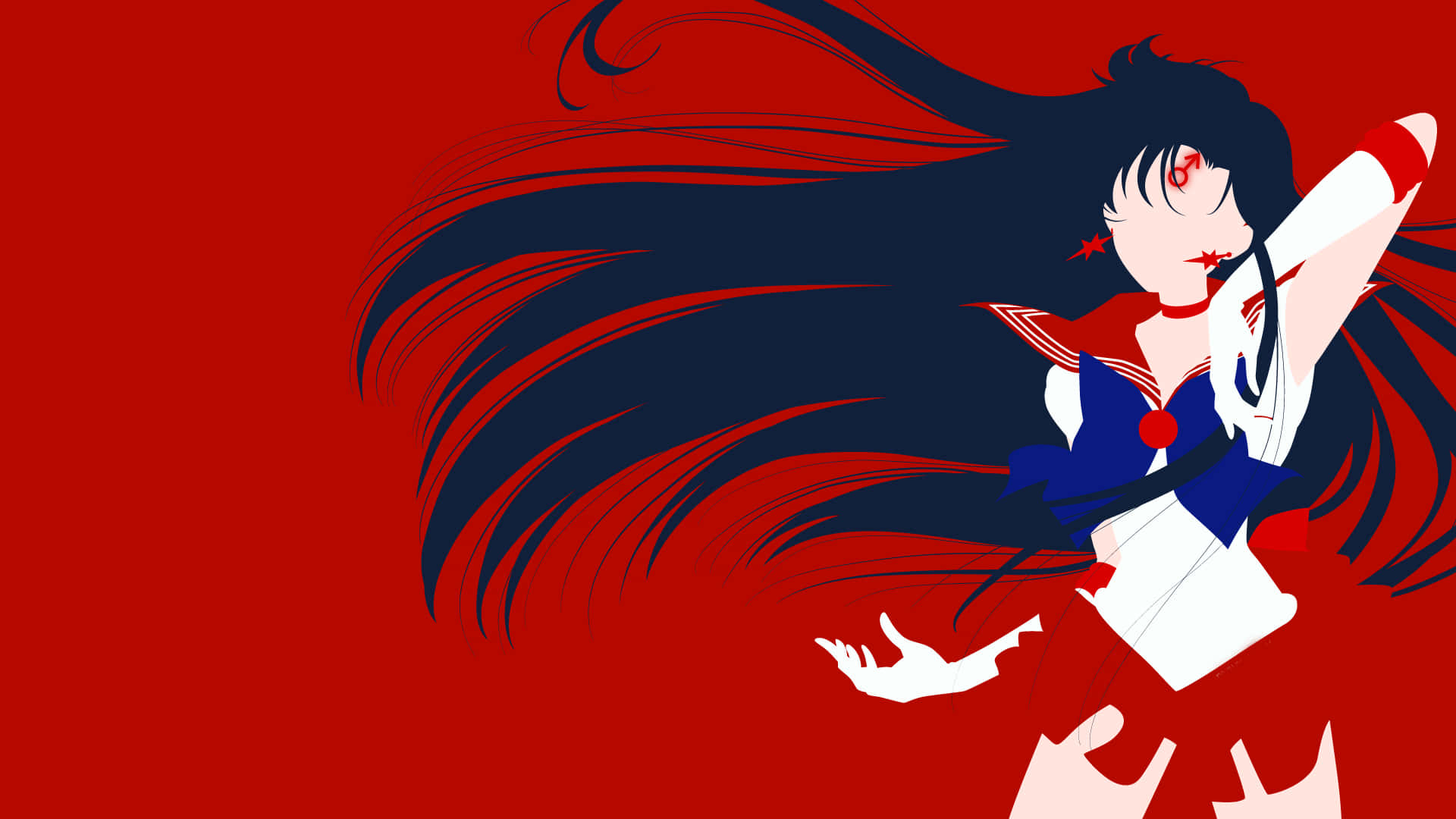 sailor moon crystal 桌布 壁紙 — 動漫女孩，長長的黑髮，紅色的眼睛，穿著水手服，背景是鮮豔的紅色。