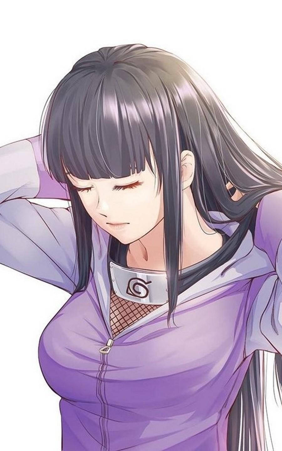 Hinata Hyuga 桌布 壁紙 — 動漫女孩，長長的黑髮，紫色服裝，在白色背景前閉著眼睛低頭。