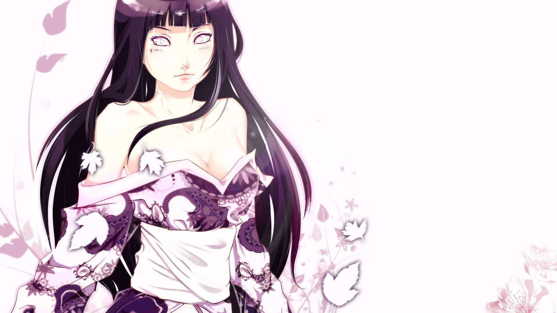 Hinata Hyuga 桌布 壁紙 — 動漫女孩，長長的黑髮和紫色的眼睛，穿著花卉和服，背景是柔和的白色，飄浮著櫻花。