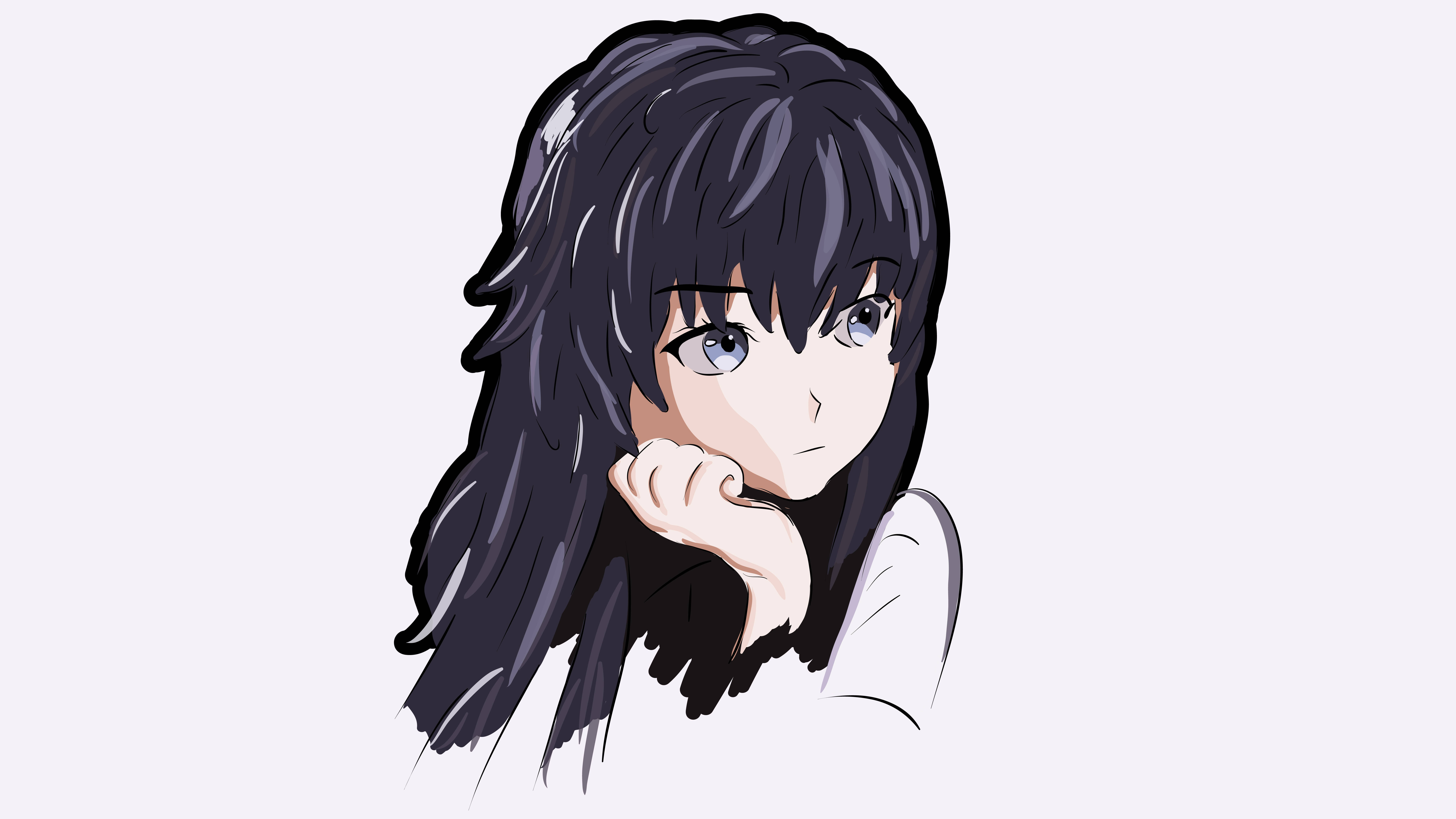 Animated 桌布 壁紙 — 動漫女孩，長長的黑髮和藍眼睛，將下巴擱在手上，背景簡單。