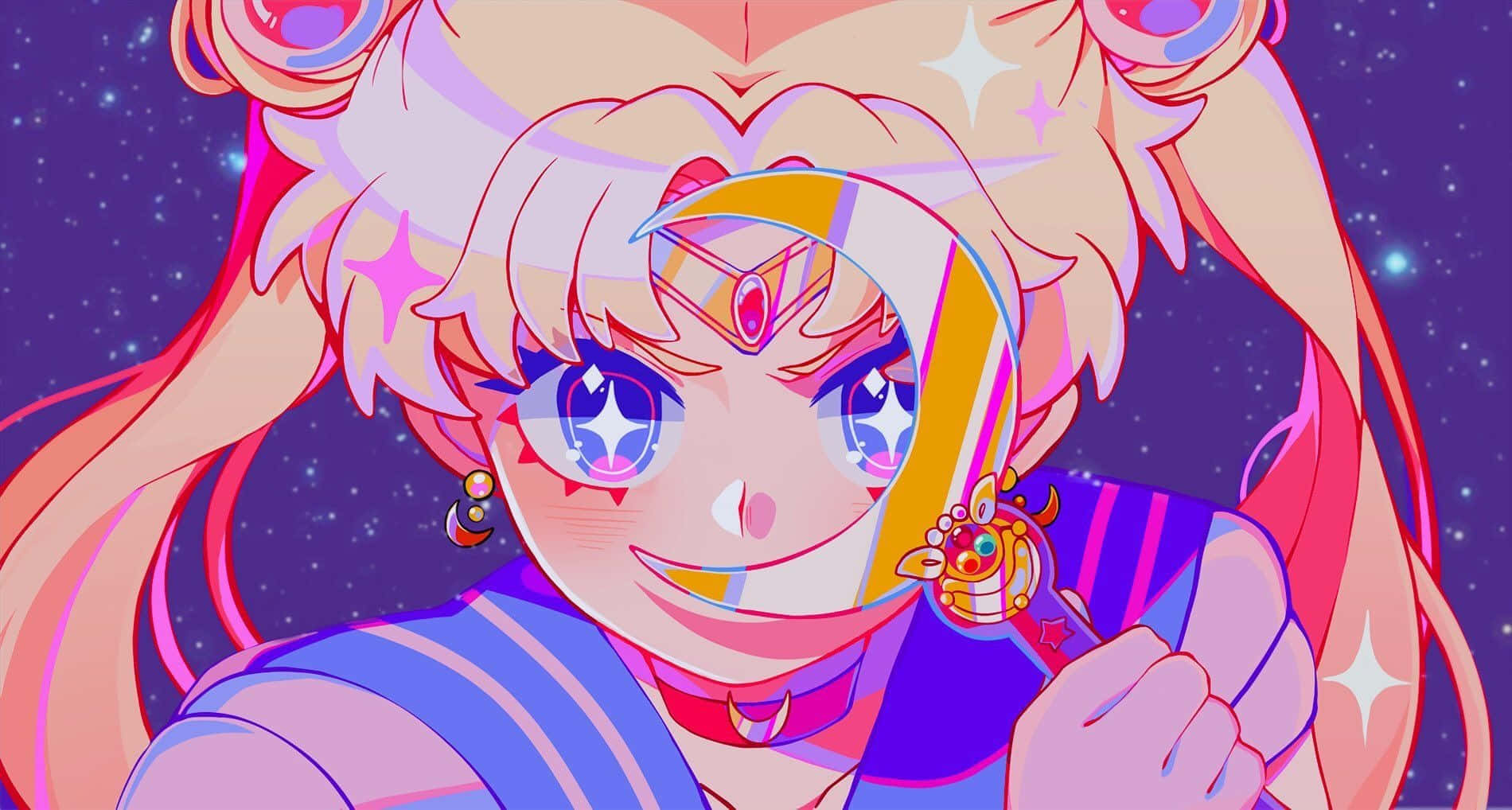 美少女戰士 桌布 壁紙 — 動漫女孩，長長粉紅頭髮，星星眼睛，手持發光新月魔杖，背景是宇宙紫色星空。