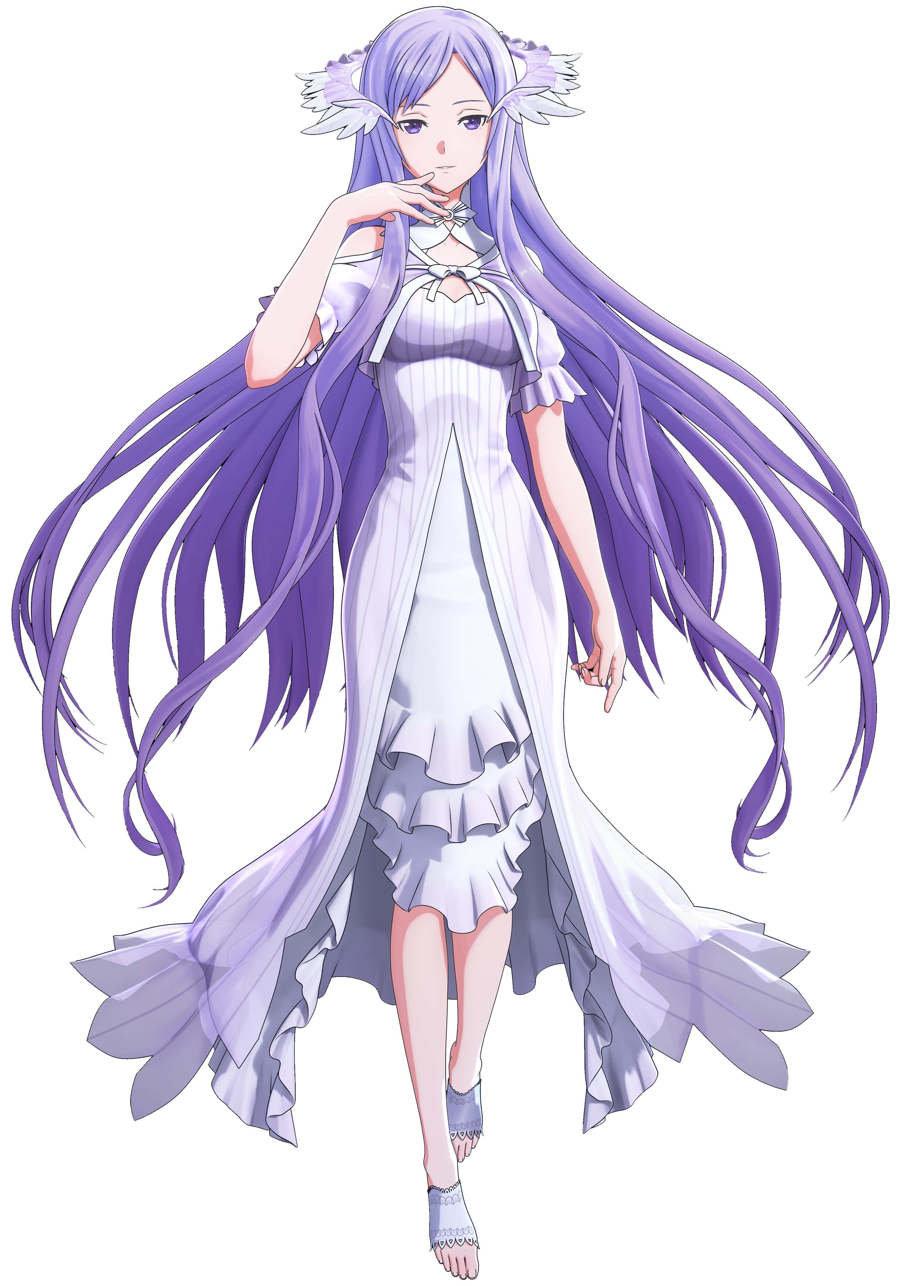 Sword Art Online Quinella 桌布 壁紙 — 動漫女孩，長長飄逸的紫色頭髮和白色連衣裙，優雅地站在純色背景前。