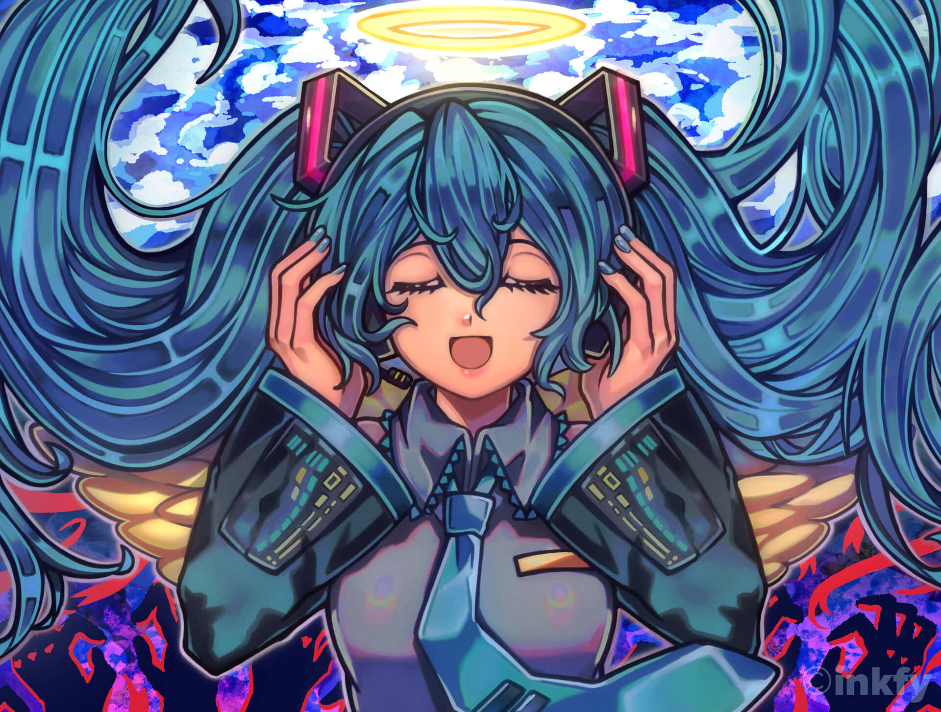 初音未來 桌布 壁紙 — 動漫女孩，青綠色頭髮，貓耳朵，在旋轉的藍天下，頭頂有發光光環，開心地微笑。