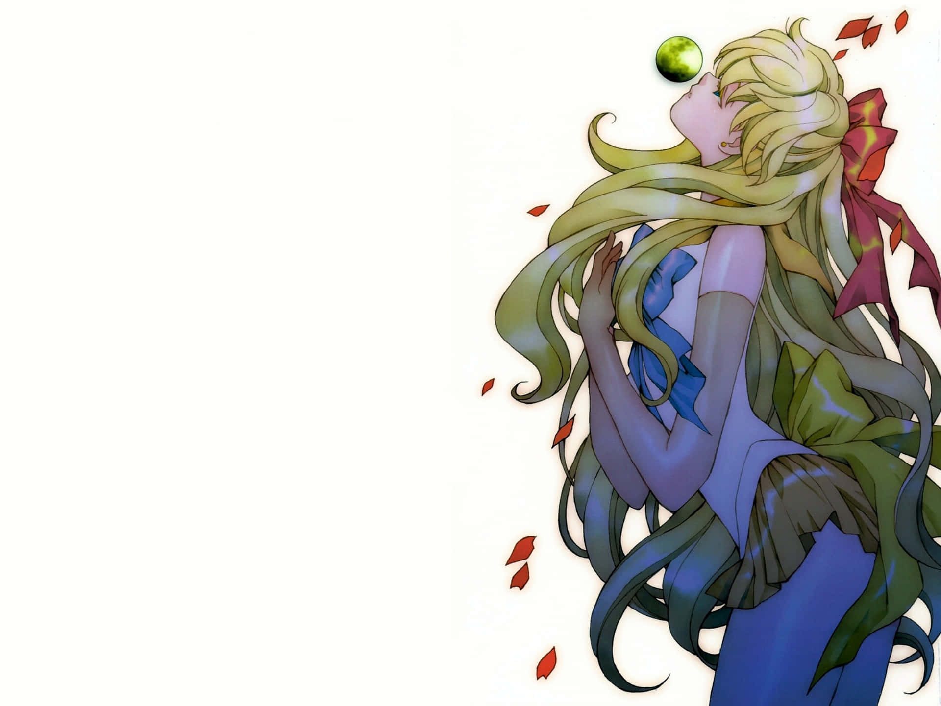Sailor Venus 桌布 壁紙 — 動漫女孩，飄逸的綠色長髮和紅色蝴蝶結，仰望漂浮的綠色球體，周圍秋葉飄落。