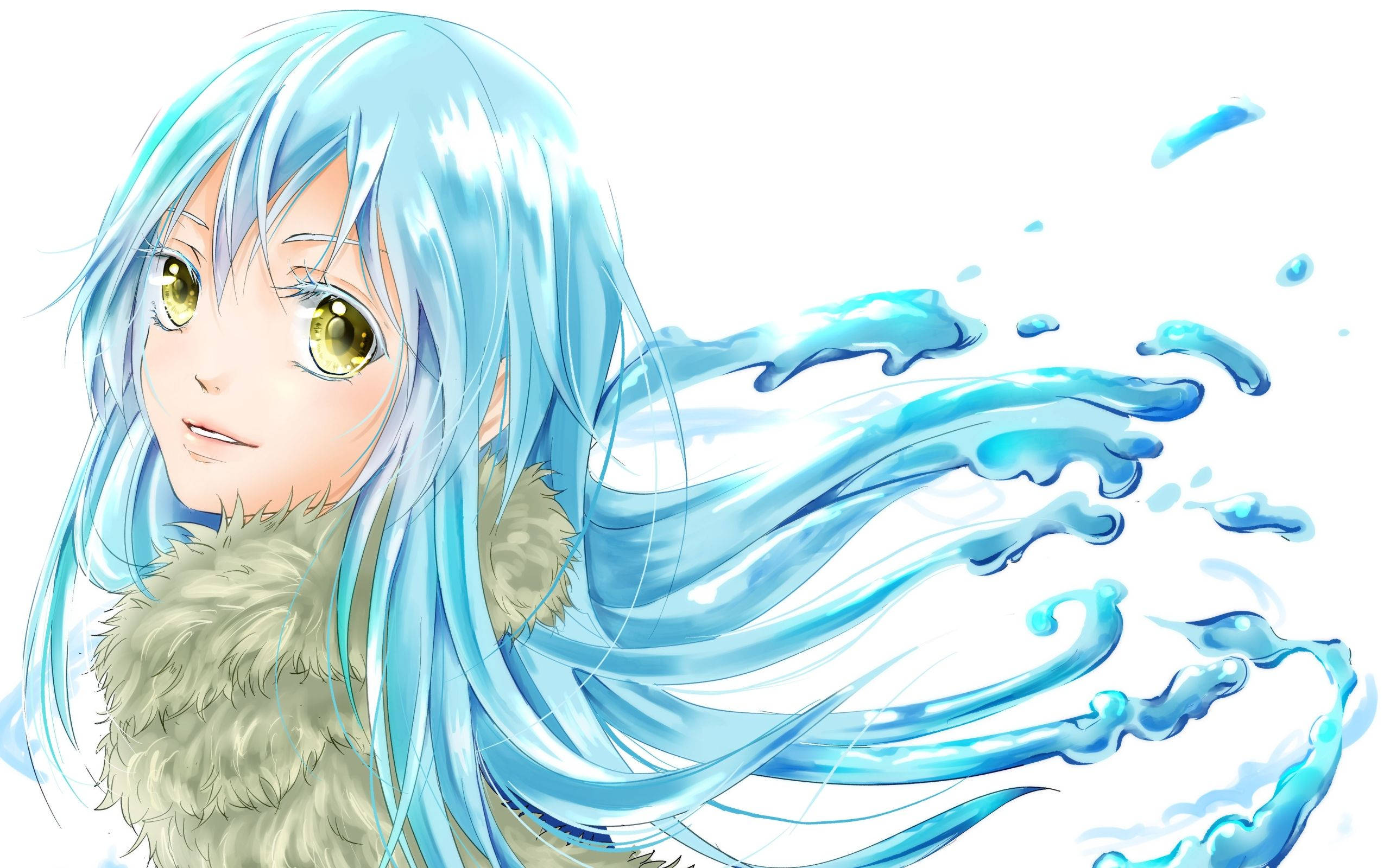 Rimuru 桌布 壁紙 — 動漫女孩，飄逸的藍色頭髮和金色眼睛，穿著毛領，身後水流在白色背景上。