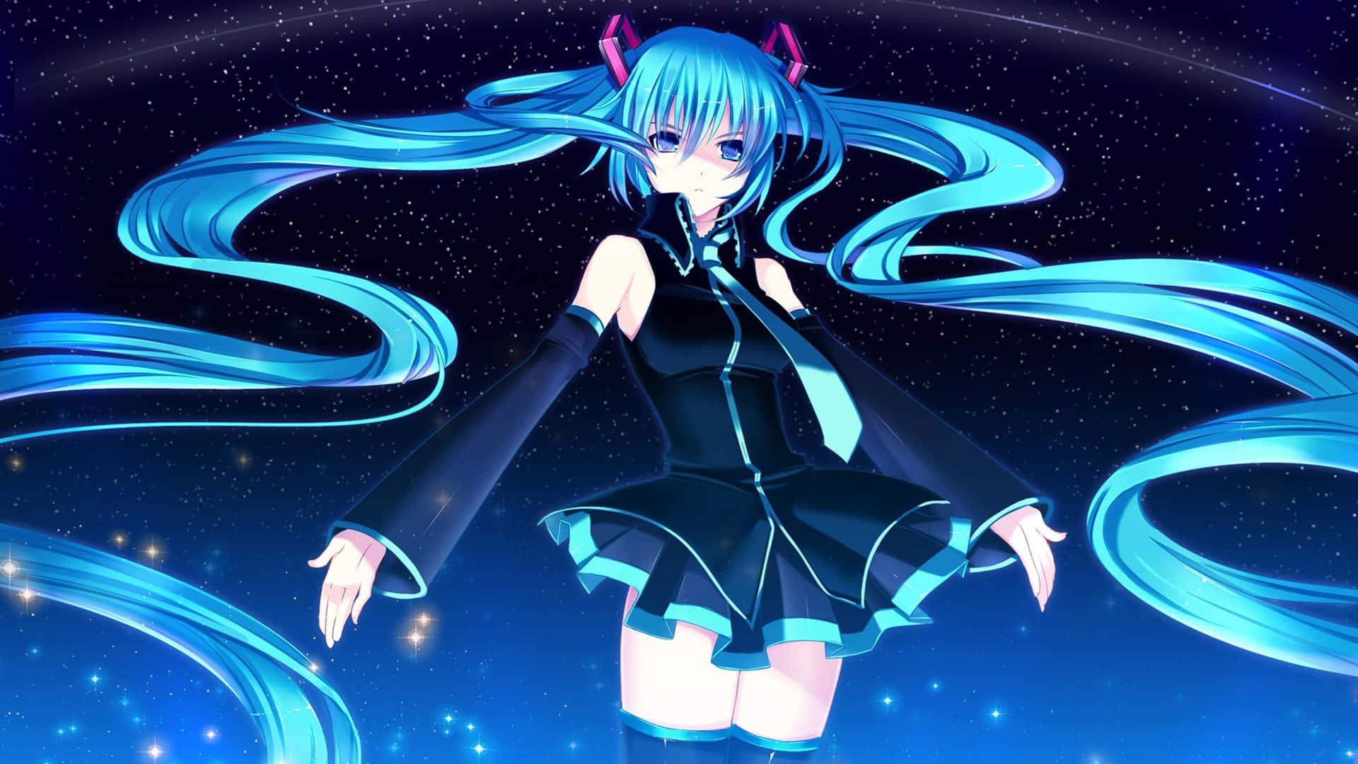初音未來 桌布 壁紙 — 動漫女孩，飄逸藍色長髮，黑色服裝，在星空宇宙背景下優雅站立。